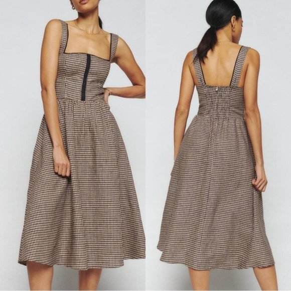 NEW Reformation Tagliatelle Linen Midi Dress in Tartine Check Brown Plaid | sz 4 - Picture 1 of 12